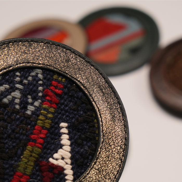 Anadolu Desenli Deri, El Dokuma Kilim Bardak Altlığı — 12x12 cm