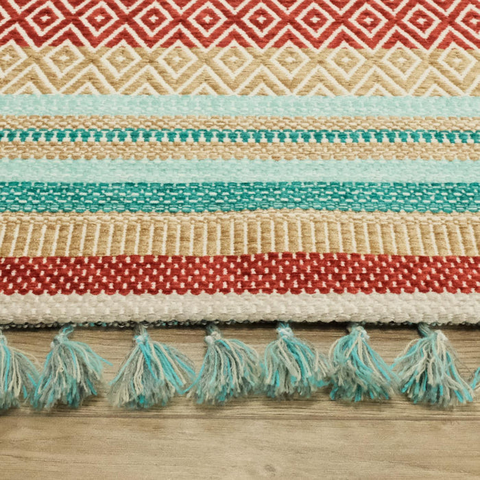Aztec Serisi Rengarenk Çizgi Desenli Makine Dokuma Kilim — modern tasarım