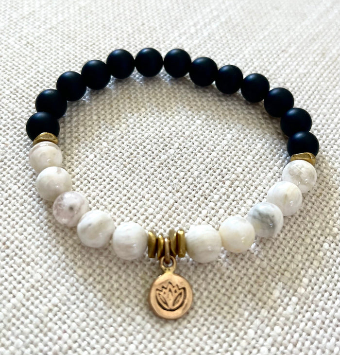 BLACK ONYX + SAKURA QUARTZ LOTUS CHARM BRACELET