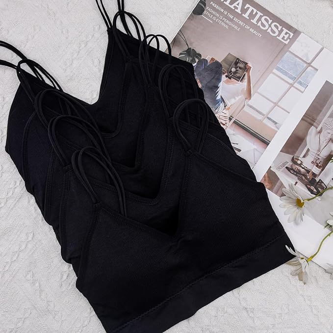 BQTQ Pack of 5 Bralettes, V-Neck, Cami Top Bra, Women’s Bralette, Sleeping Bra for Women, Girls, black, XXL