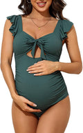 Charmo Ruffle Sleeve Pregnancy Bathing Suit for Women Cut Out Tie Knot Maternity Swimwear Blue Gray L