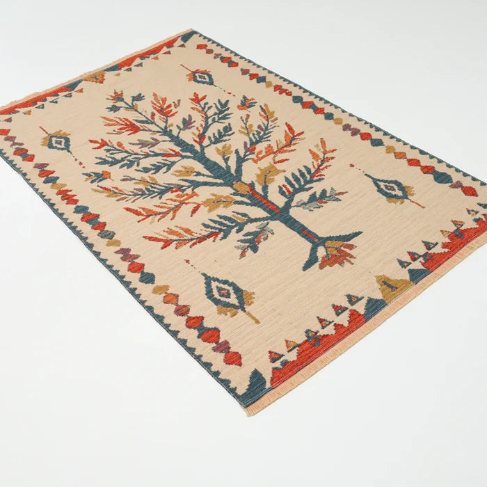 Çiçek Desenli Krem Pamuk Kilim, 120x180 cm — Halıcızade