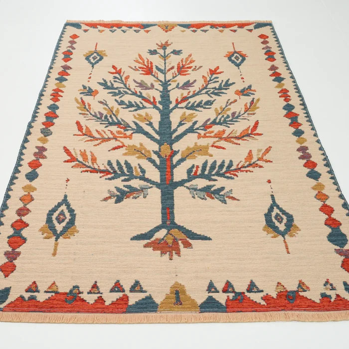Çiçek Desenli Krem Pamuk Kilim — etnik desenli