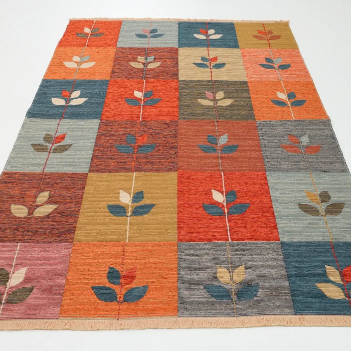 Çiçek Desenli Rengarenk Pamuk Kilim — makine dokuma kilim