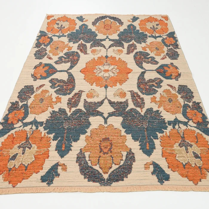 Çiçek Desenli Turuncu Pamuk Kilim — 120x180 cm