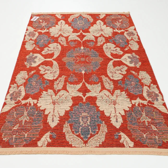 Çiçek Desenli Turuncu Pamuk Kilim — etnik desenli