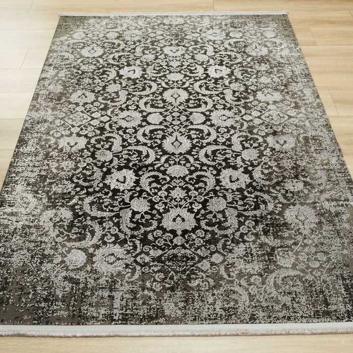 Cordoba Serisi Makine Dokuma Çiçek Desenli Antrasit Halı — 80x150, 100x200, 80x300, 130x190 cm