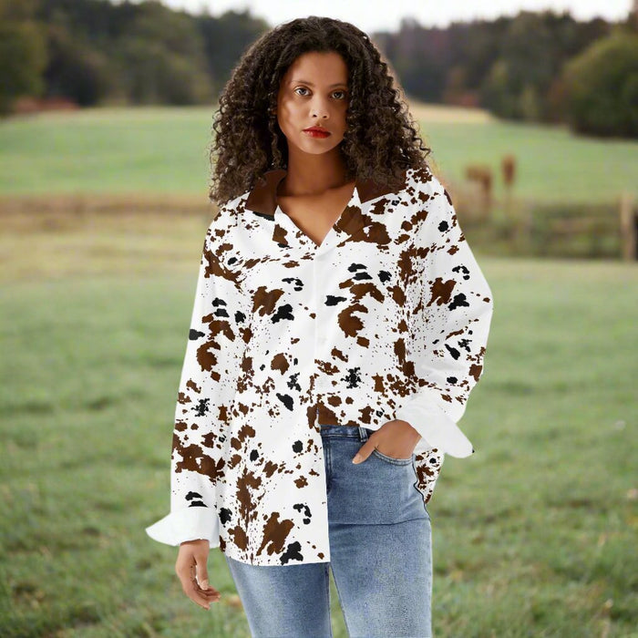 Cow Print Womens Long Sleeve Button Shirt - Cozy Corner