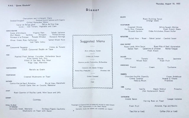 Cunard. R.M.S. Queen Elizabeth - Royal Horse Artillery Dinner Menu