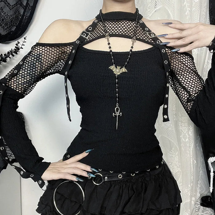 Dark Off Shoulder Fishnet Top
