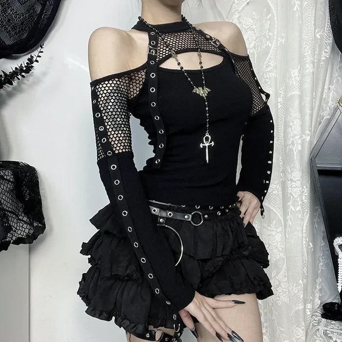 Dark Off Shoulder Fishnet Top