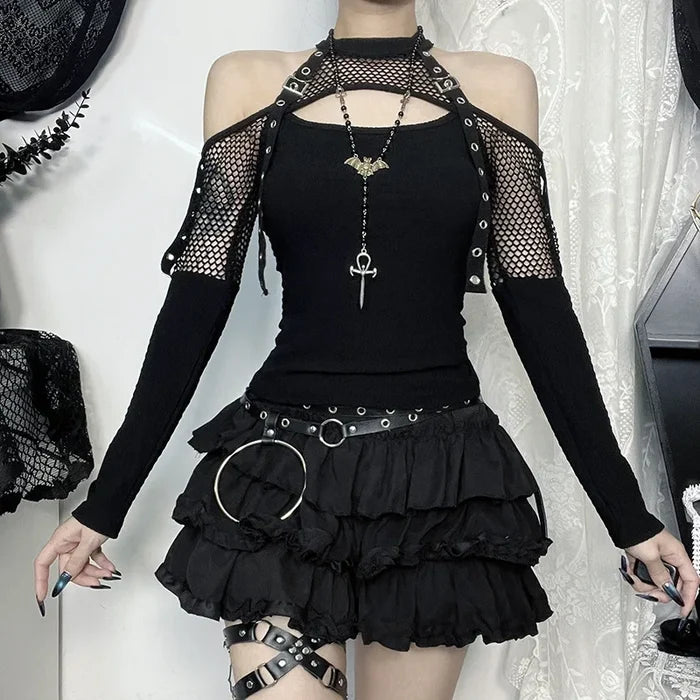 Dark Off Shoulder Fishnet Top