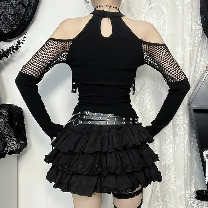 Dark Off Shoulder Fishnet Top