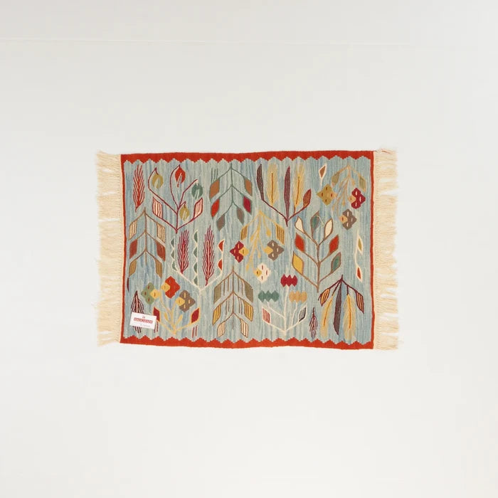 El Dokuma Anadolu Desenli Yün Turkuaz Kilim — 90x118 cm