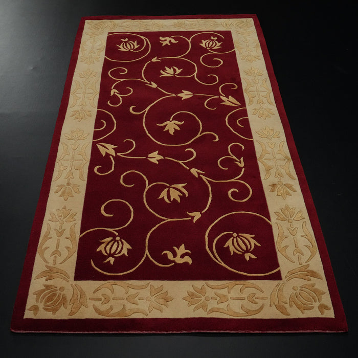 El Dokuma Çerçeve Desenli Bordo İpekli Halı — 76x154, 80x153 cm