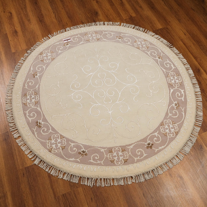 El Dokuma Çerçeve Desenli Klasik Yün Yuvarlak Halı, krem, 150x150 – 195x195 cm — Halıcızade