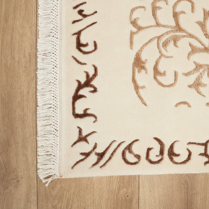 El Dokuma Çerçeve Desenli Krem Halı — yün