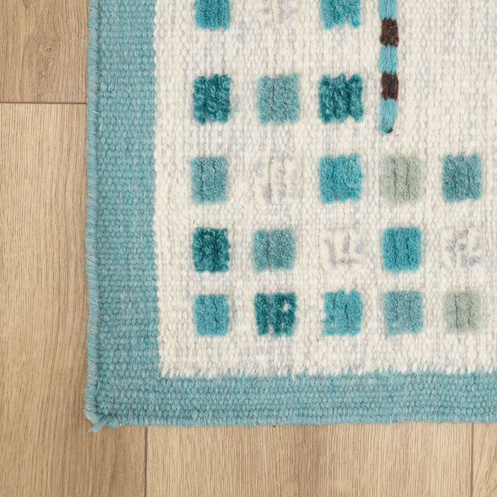 El Dokuma Çerçeve Desenli Mavi Yün Kilim — 80x300 cm