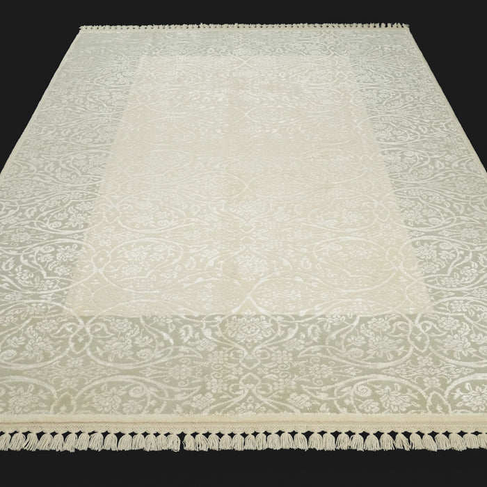 El Dokuma Çerçeve Desenli Yün Krem Halı — 80x150, 200x300 cm