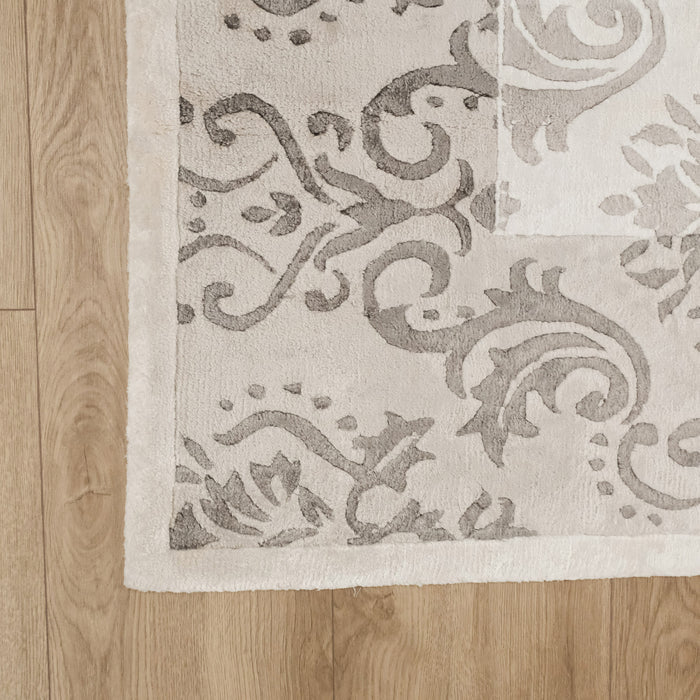 El Dokuma Damask Desenli Beyaz Bambu Halı — çerçeve desenli