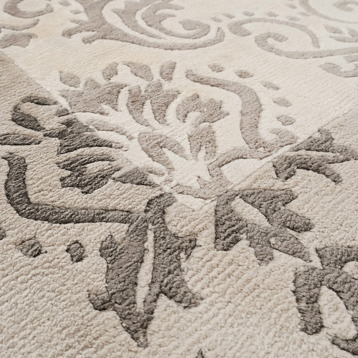 El Dokuma Damask Desenli Beyaz Bambu Halı