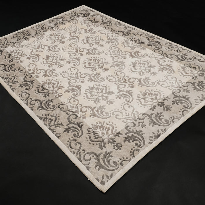 El Dokuma Damask Desenli Beyaz Bambu Halı