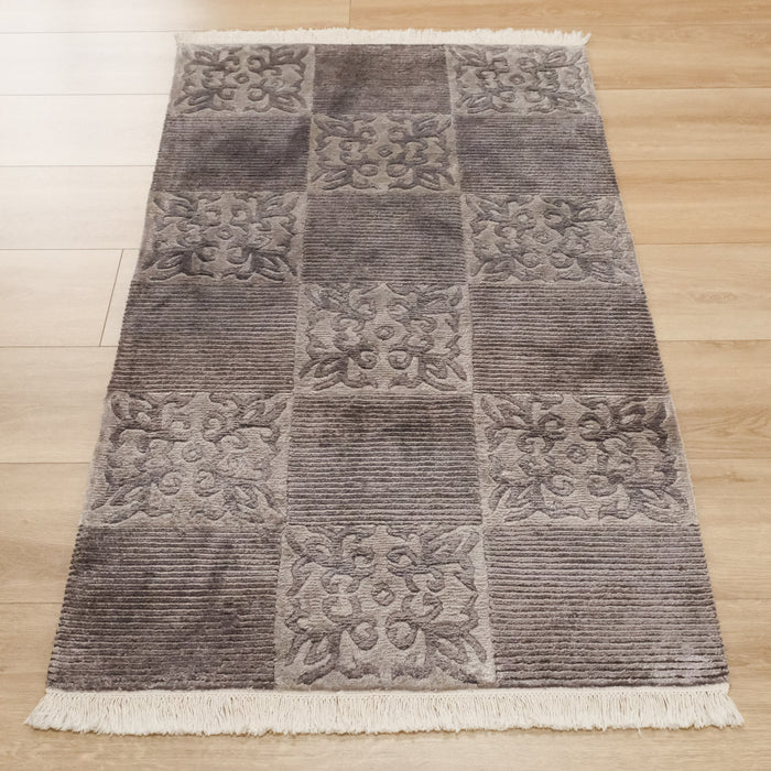 El Dokuma Damask Desenli Gümüş Bambu Halı — 80x150 cm
