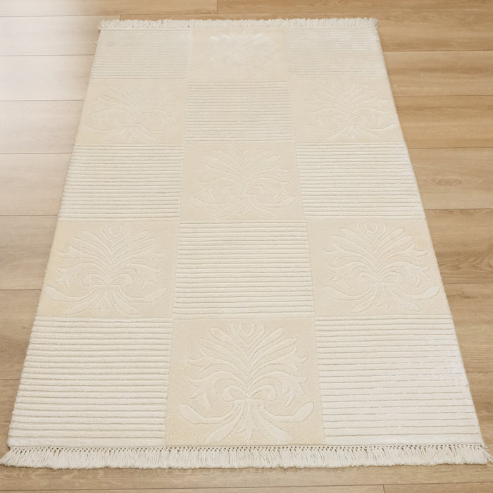 El Dokuma Damask Desenli Krem Modern Halı — 92x148 cm