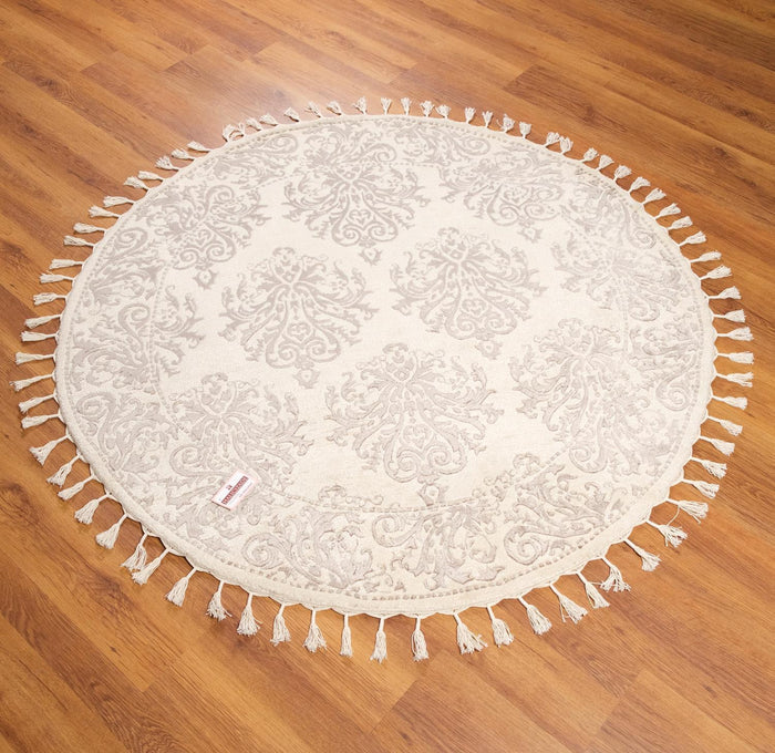 El Dokuma Damask Desenli Krem Yuvarlak Halı, 140x140 – 195x195 cm — Halıcızade