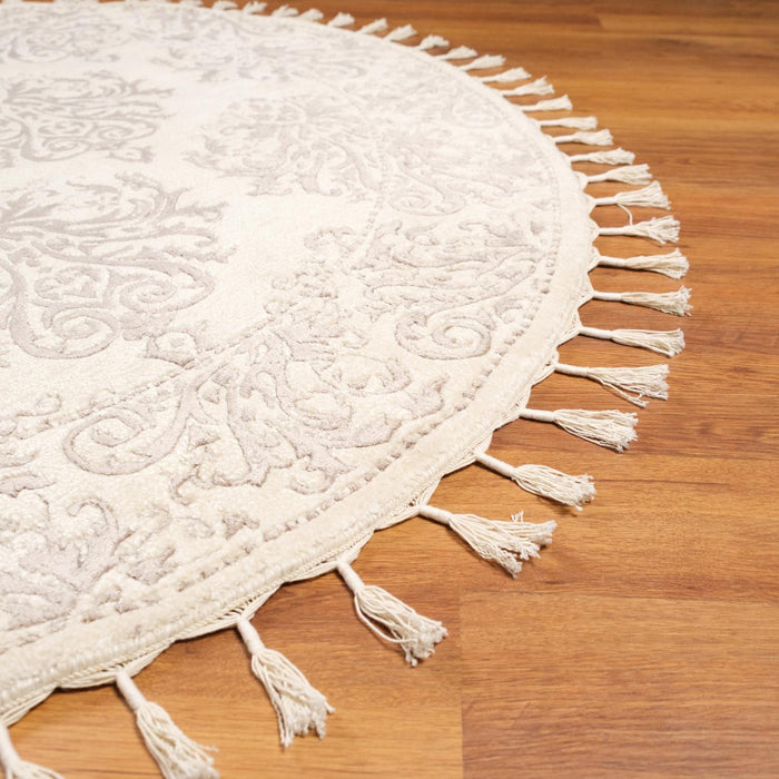El Dokuma Damask Desenli Krem Yuvarlak Halı — 140x140, 195x195 cm