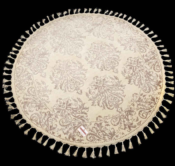 El Dokuma Damask Desenli Krem Yuvarlak Halı — yün
