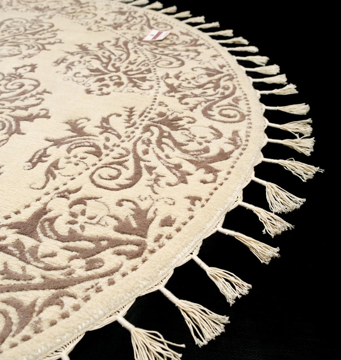 El Dokuma Damask Desenli Krem Yuvarlak Halı — bambu