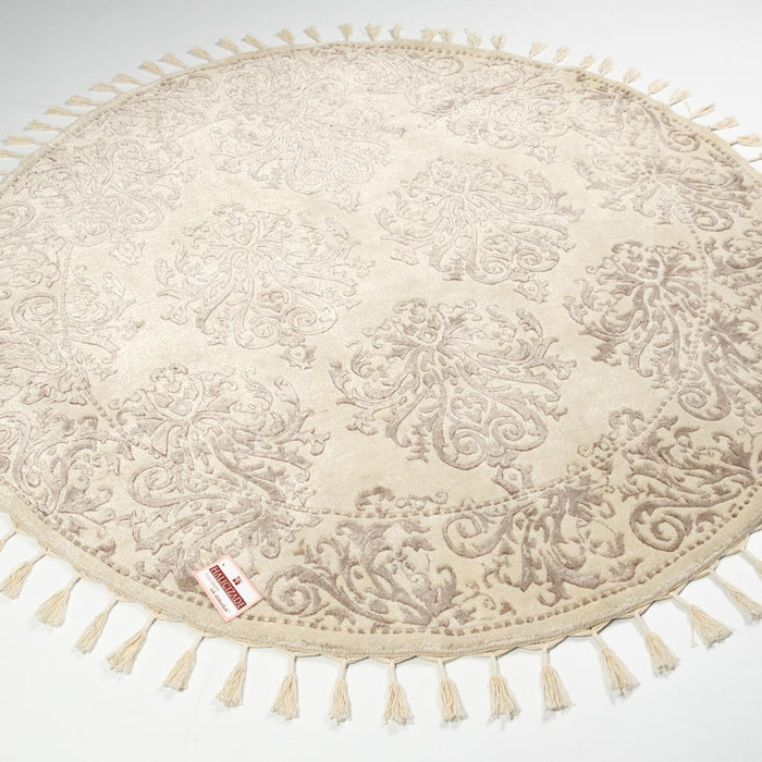 El Dokuma Damask Desenli Krem Yuvarlak Halı — klasik desen