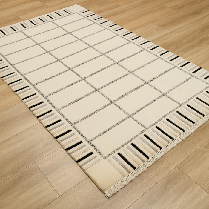 El Dokuma Geometrik Desenli Krem Halı, 95x150 cm — Halıcızade