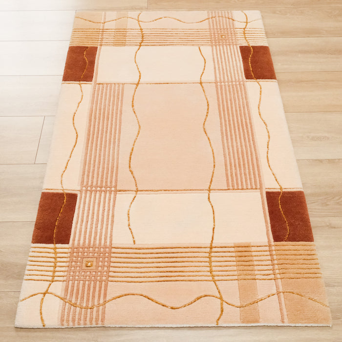El Dokuma Geometrik Desenli Krem Viskon Halı — 80x150 cm