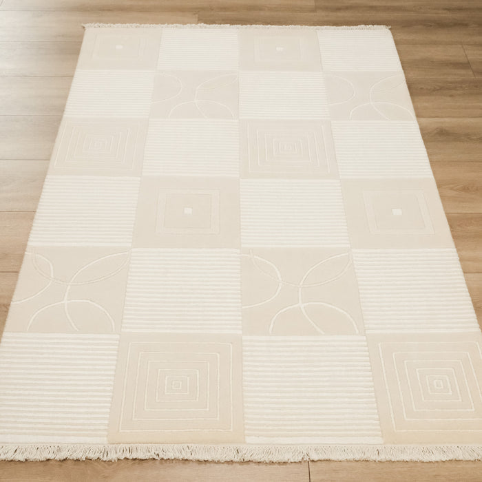 El Dokuma Geometrik Desenli Krem Yün Halı — 80x200, 120x180, 80x300 cm