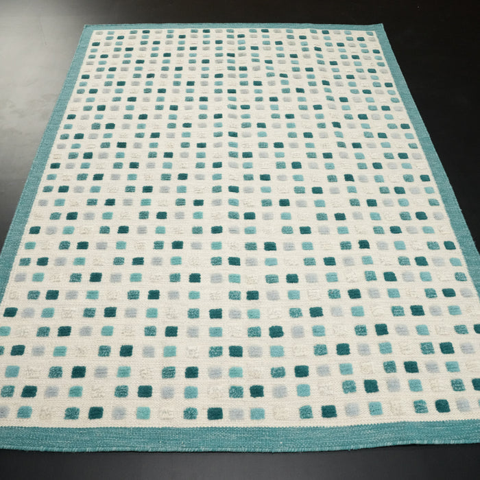 El Dokuma Geometrik Desenli Mavi Yün Kilim — el dokuma kilim