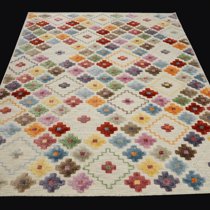 El Dokuma Geometrik Desenli Rengarenk Yün Kilim — yatak odası halısı