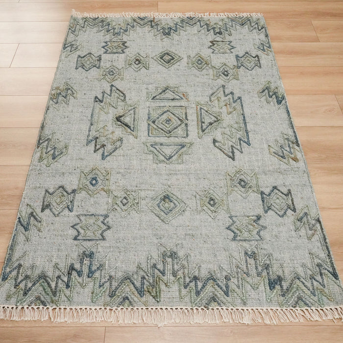 El Dokuma Geometrik Desenli Yeşil Hasır Kilim — el dokuma kilim