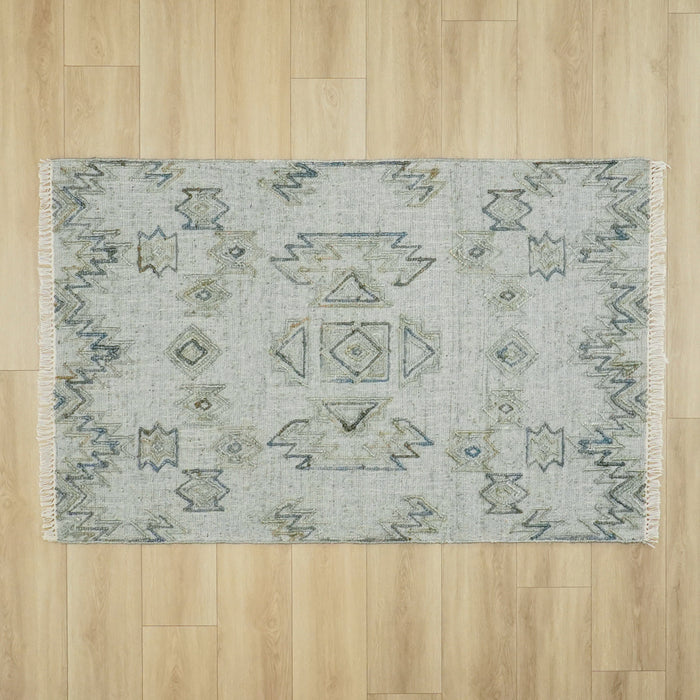 El Dokuma Geometrik Desenli Yeşil Hasır Kilim — 120x180 cm