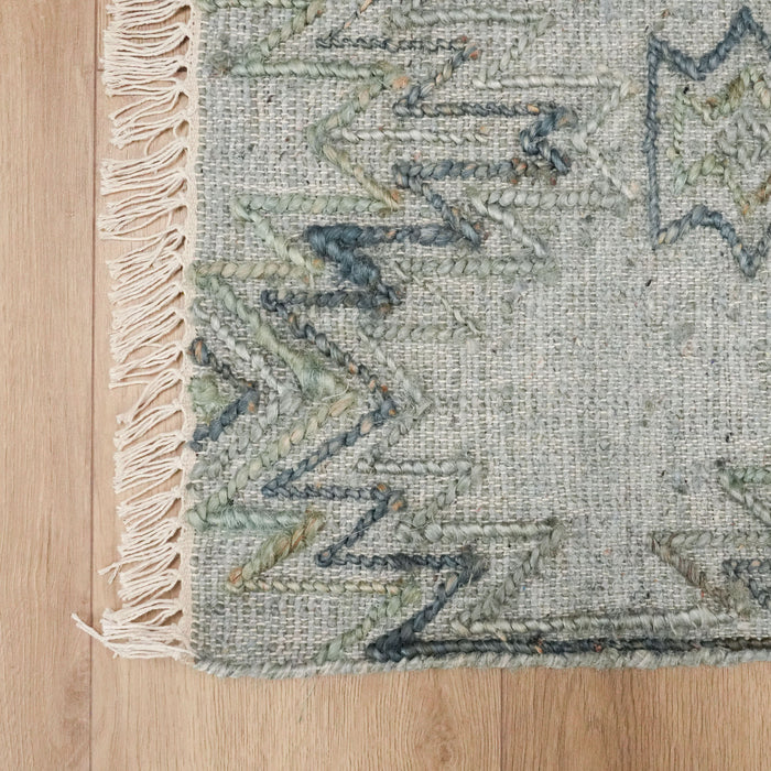 El Dokuma Geometrik Desenli Yeşil Hasır Kilim — İskandinav deseni