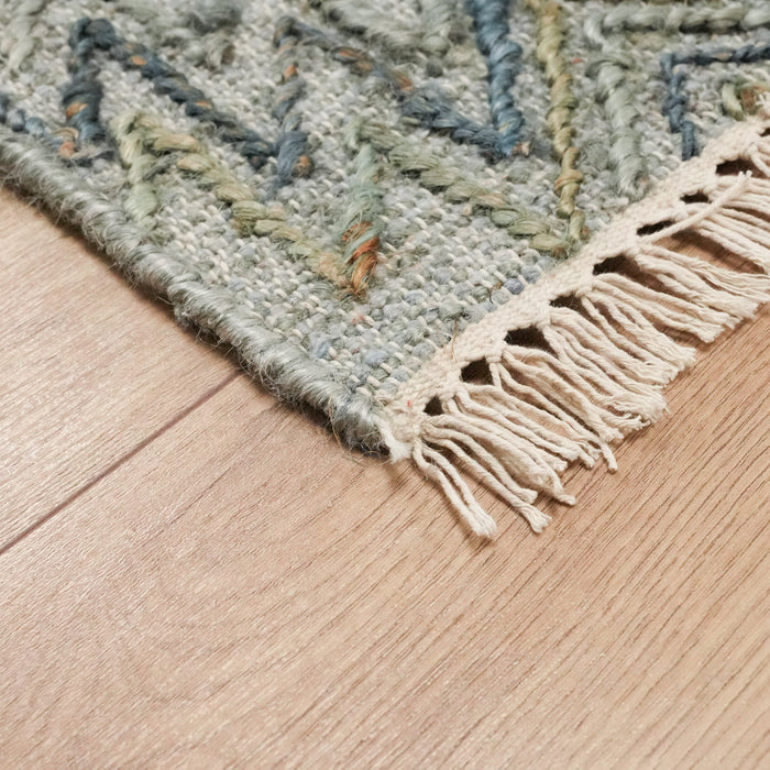 El Dokuma Geometrik Desenli Yeşil Hasır Kilim — antre halısı