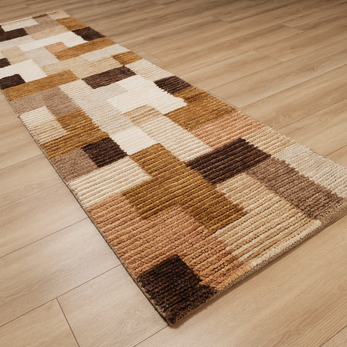 El Dokuma Patchwork Desenli Kahverengi Halı, 80x300 cm — Halıcızade