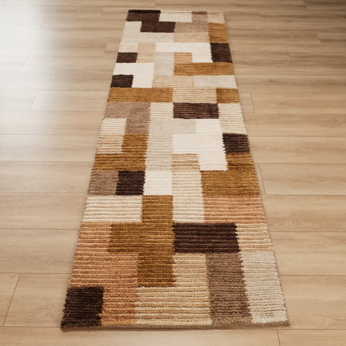 El Dokuma Patchwork Desenli Kahverengi Halı — 80x300 cm