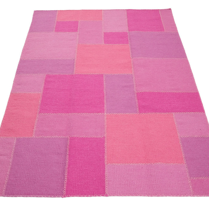 El Dokuma Patchwork Desenli Pembe Yün Kilim