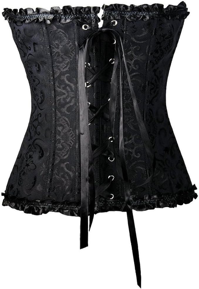 Everbellus Sweetheart Overbust Satin Lace Boned Corset Bustier Black L