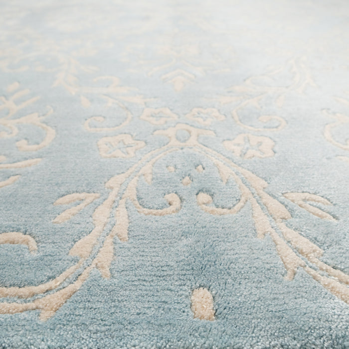 Fiber Serisi El Dokuma Damask Desenli Turkuaz Bambu Halı — çerçeve desenli