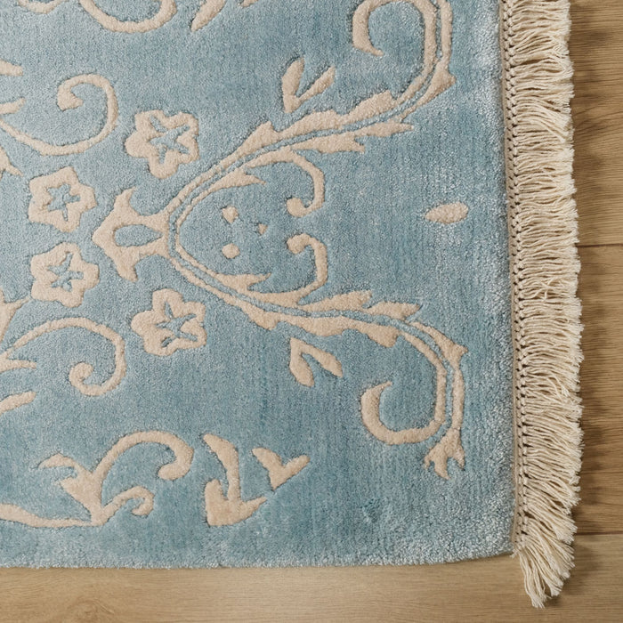 Fiber Serisi El Dokuma Damask Desenli Turkuaz Bambu Halı