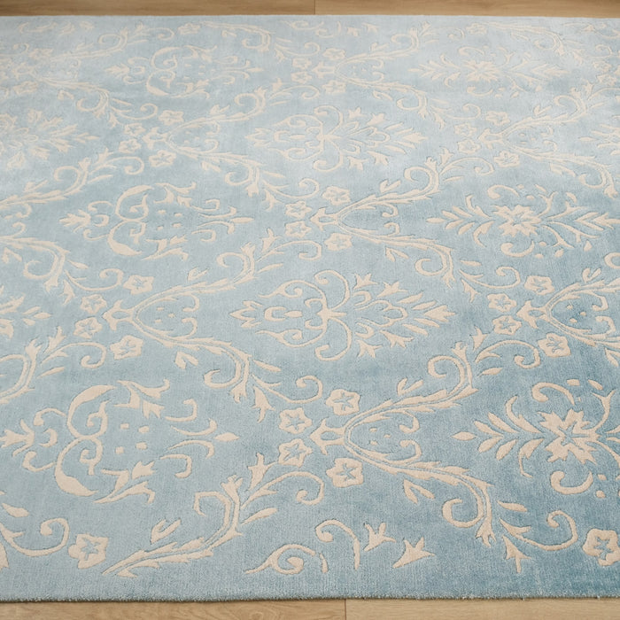 Fiber Serisi El Dokuma Damask Desenli Turkuaz Bambu Halı