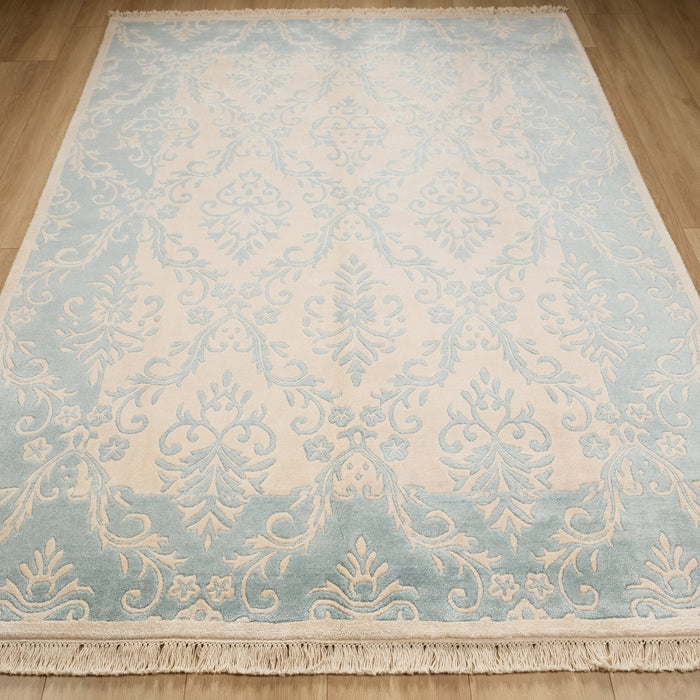Fiber Serisi El Dokuma Damask Desenli Turkuaz Halı — 90x150, 80x300, 130x190, 80x310 cm